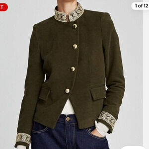 ZARA olive green romantic military gold embroidered jacket size xs